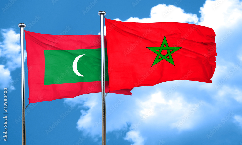 Maldives flag with Morocco flag, 3D rendering Maldives flag with Morocco flag, 3D rendering