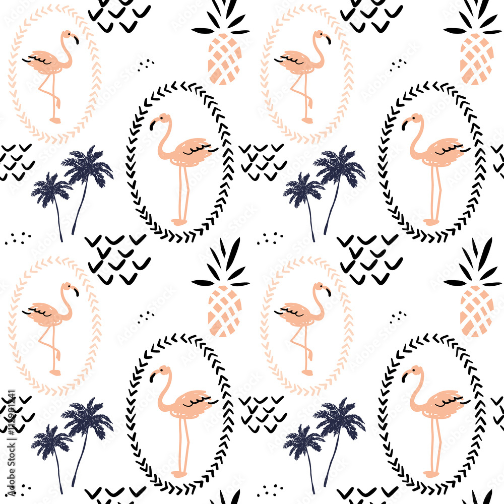 Obraz premium Rumieniec różowy flaming w ramce, ananasy i palmy na białym tle. Wektor wzór z tropikalnych ptaków i owoców. Ręcznie rysowane ilustracji.