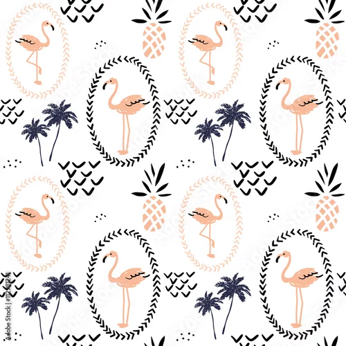 Tapety Rumienić różowy flaming w ramce, ananasy i palmy na białym tle. Wektorowy bezszwowy wzór z tropikalnym ptakiem i owoc. Ręcznie rysowane ilustracji.