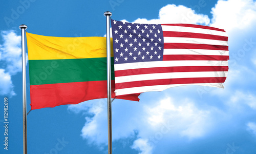 Lithuania flag with American flag, 3D rendering