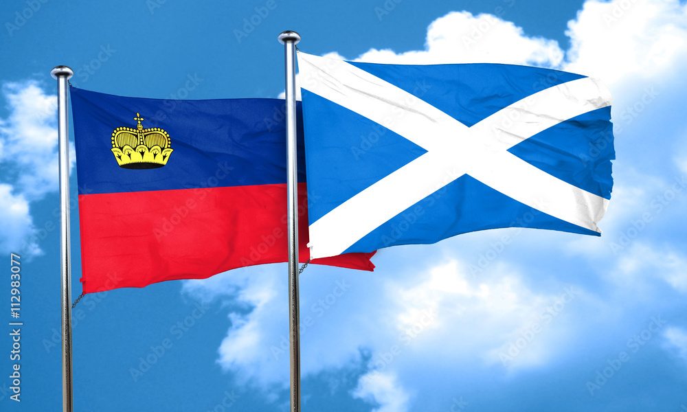 Liechtenstein flag with Scotland flag, 3D rendering Liechtenstein flag with Scotland flag, 3D rendering