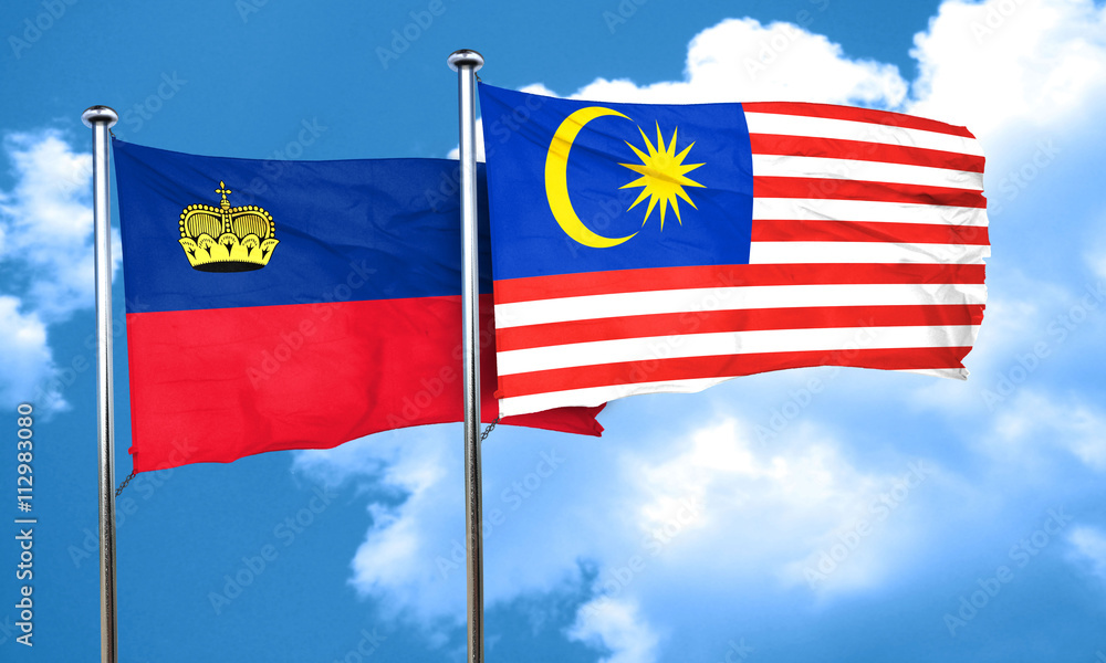 Liechtenstein flag with Malaysia flag, 3D rendering Liechtenstein flag with Malaysia flag, 3D rendering
