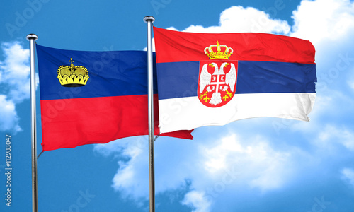 Liechtenstein flag with Serbia flag, 3D rendering