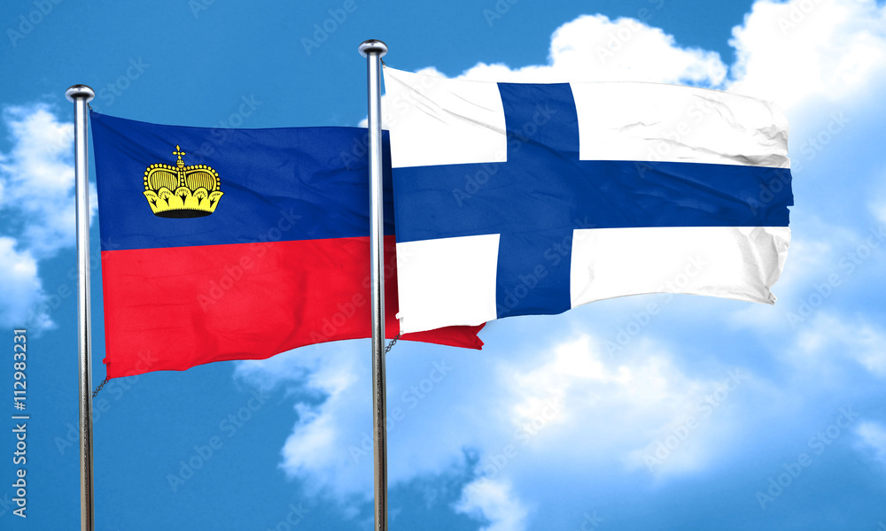 Liechtenstein flag with Finland flag, 3D rendering