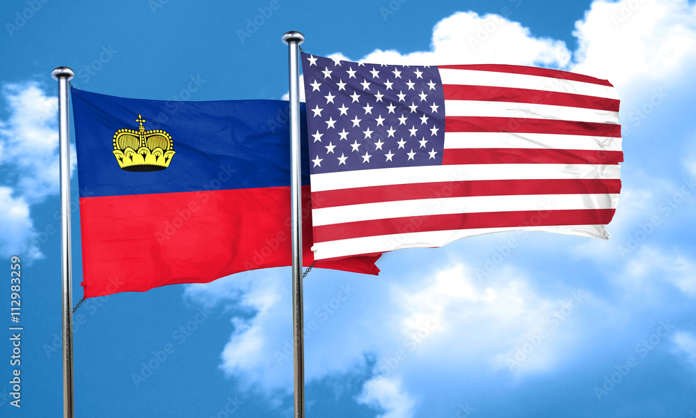 Liechtenstein flag with American flag, 3D rendering Liechtenstein flag with American flag, 3D rendering