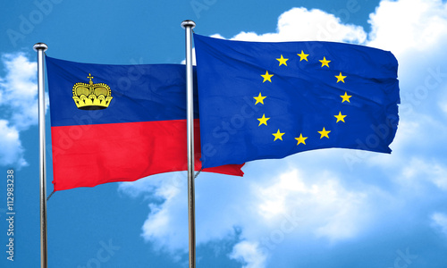 Liechtenstein flag with european union flag, 3D rendering