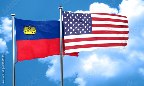Liechtenstein flag with American flag, 3D rendering