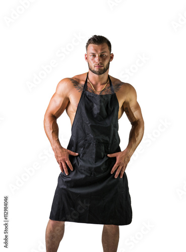 Bodybuilder Waiter with Apron on Naked Muscular Body