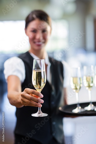 Photo Portrait of smiling waitress offering a glass of champagne