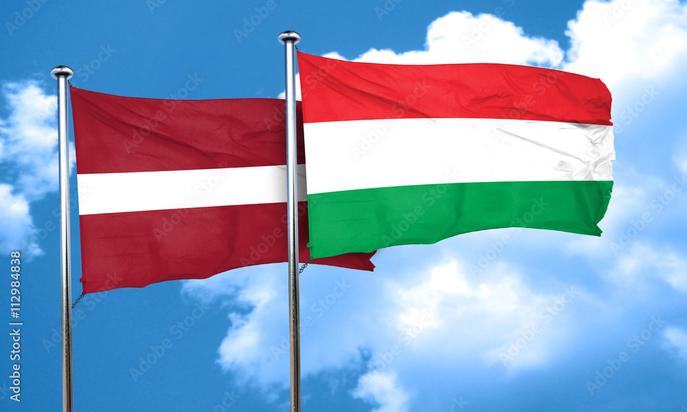 Latvia flag with Hungary flag, 3D rendering Latvia flag with Hungary flag, 3D rendering