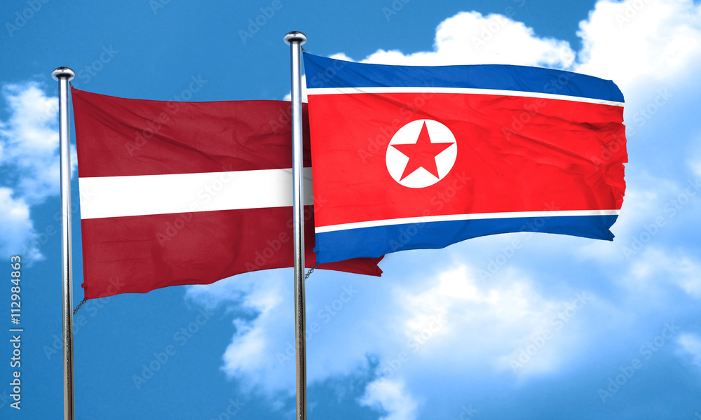 Latvia flag with North Korea flag, 3D rendering Latvia flag with North Korea flag, 3D rendering