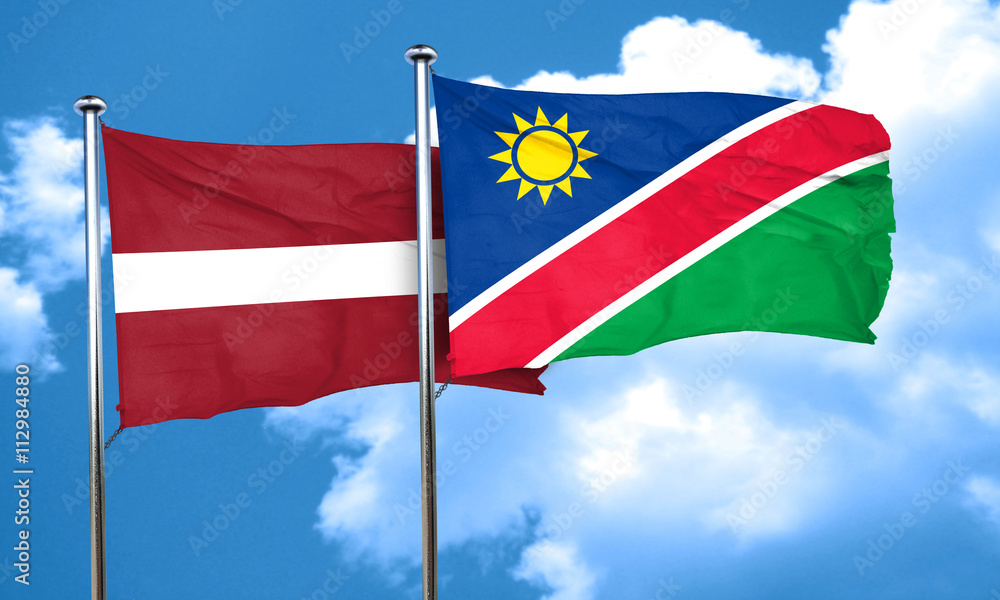 Latvia flag with Namibia flag, 3D rendering