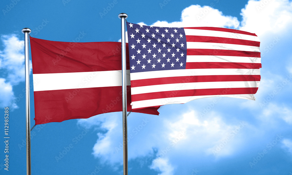 Latvia flag with American flag, 3D rendering Latvia flag with American flag, 3D rendering