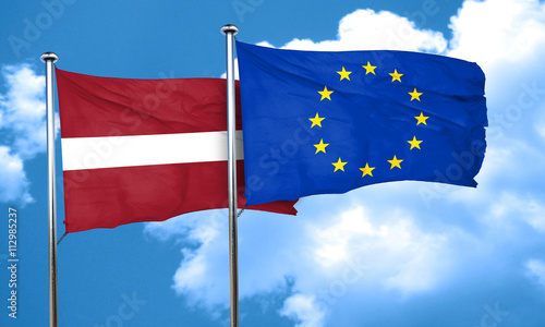 Latvia flag with european union flag, 3D rendering