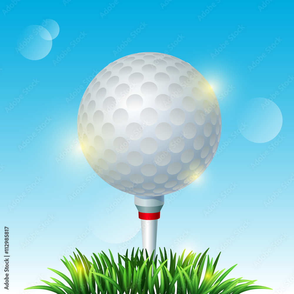 Golf ball on white tee and green grass Golf ball on white tee and green grass