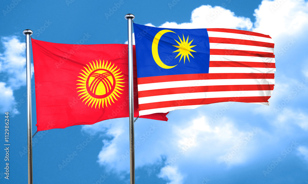 Kyrgyzstan flag with Malaysia flag, 3D rendering Kyrgyzstan flag with Malaysia flag, 3D rendering