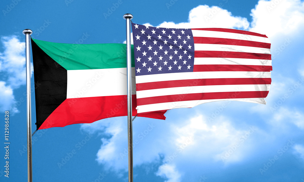 Kuwait flag with American flag, 3D rendering