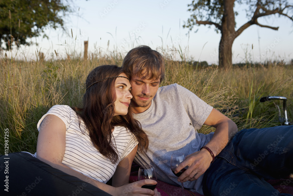 Boyfriend and girlfriend drinking wine in field Boyfriend and girlfriend drinking wine in field