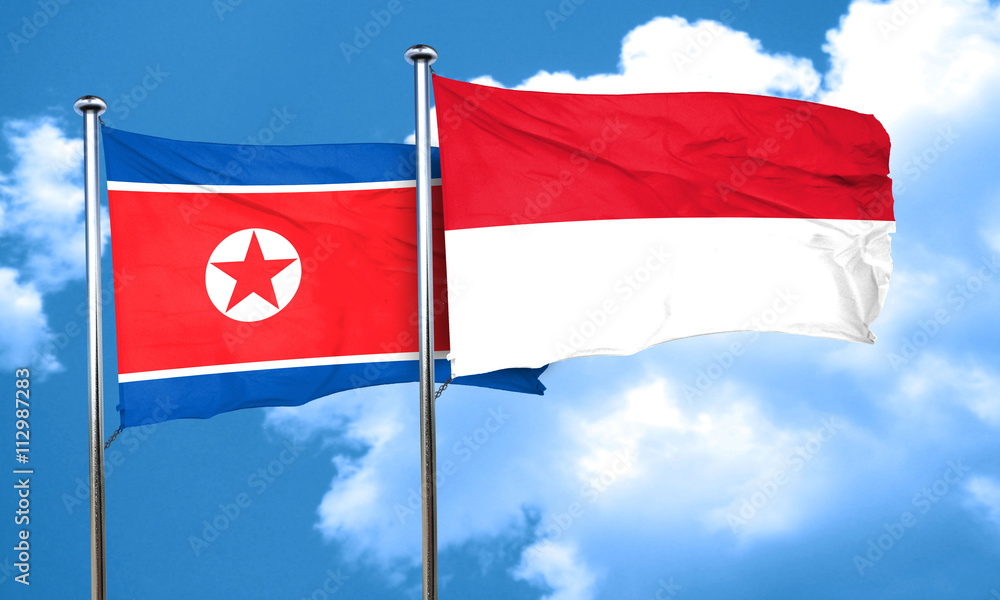 North Korea flag with Indonesia flag, 3D rendering North Korea flag with Indonesia flag, 3D rendering