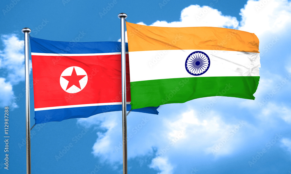 North Korea flag with India flag, 3D rendering North Korea flag with India flag, 3D rendering