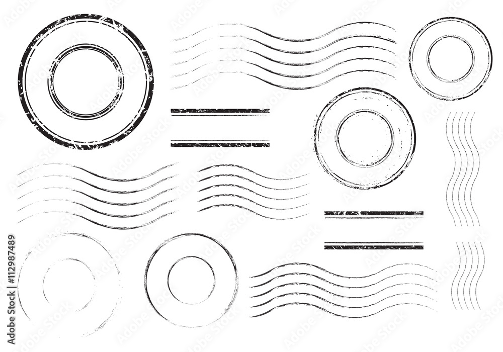 Set of postal stamps and postmarks, black isolated on white background ...
