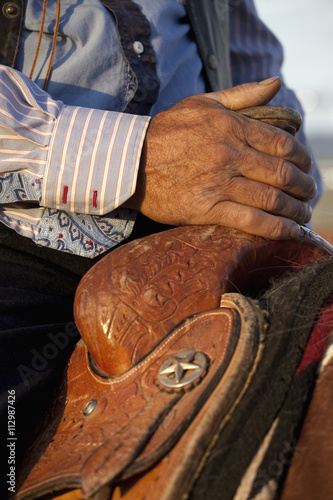 Wallpaper Mural Man holding onto the saddle of horse, close-up, focus on hand Torontodigital.ca