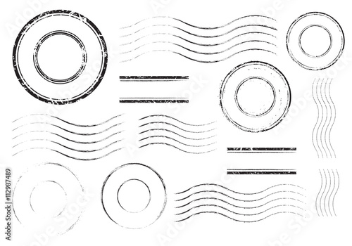 Set of postal stamps and postmarks, black isolated on white background, vector illustration.