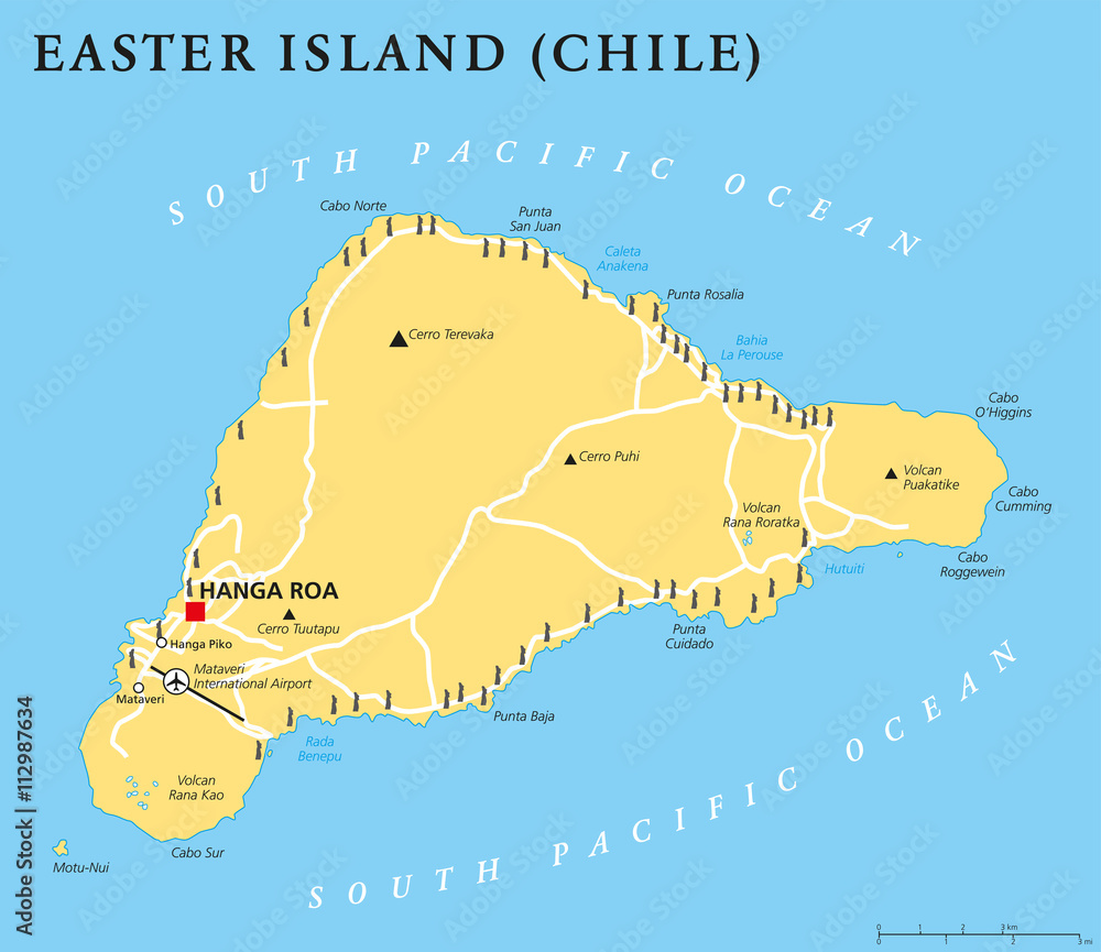 Easter Island political map with capital Hanga Roa, important places