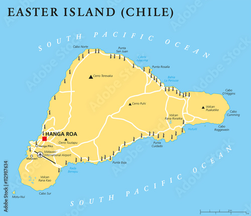 Easter Island political map with capital Hanga Roa, important places, lakes and monumental Moai statues. Chilean island in the South Pacific Ocean. English labeling and scaling. Illustration. photo