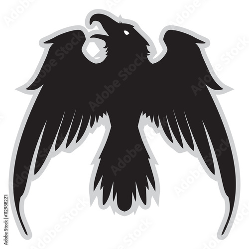 Dark Evil heraldic raven with spread wings. Mascot, logotype, label.