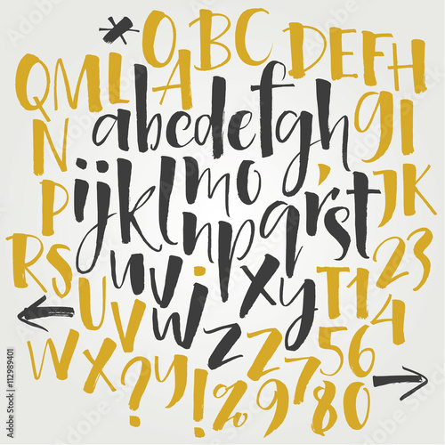 Alphabet letters: lowercase, uppercase, numbers. Vector alphabet. Hand drawn letters. Letters of the alphabet written with a soft watercolor paint brush
