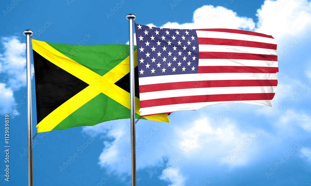 Jamaica flag with American flag, 3D rendering Jamaica flag with American flag, 3D rendering