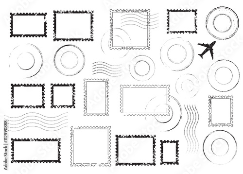 Set of postal stamps and postmarks, black isolated on white background, vector illustration.