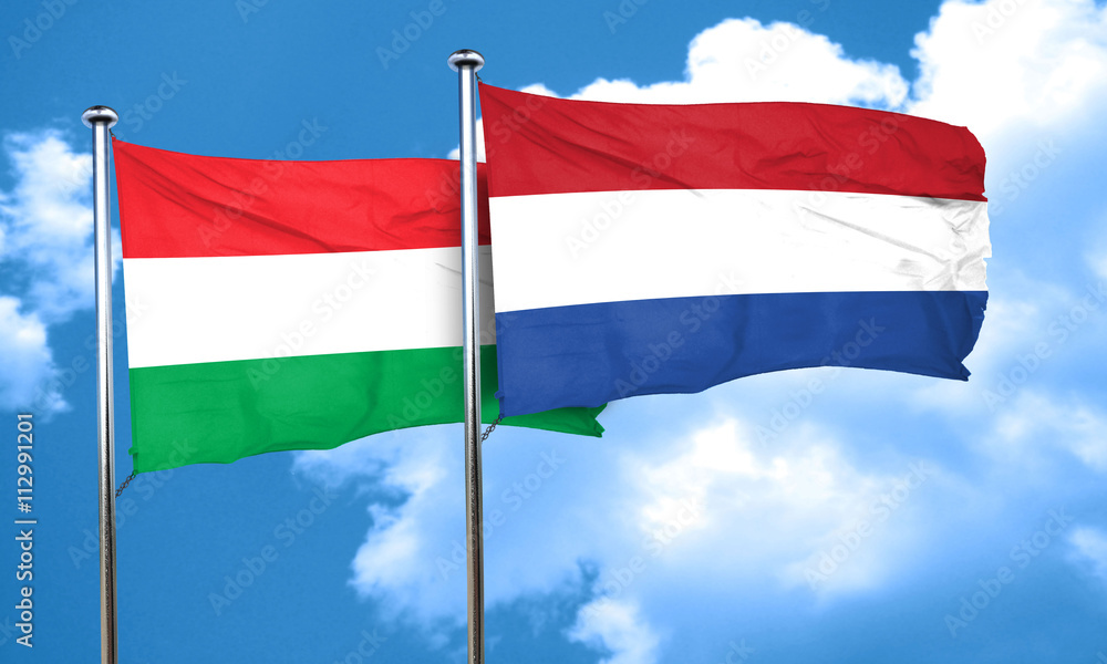 Hungary flag with Netherlands flag, 3D rendering Hungary flag with Netherlands flag, 3D rendering