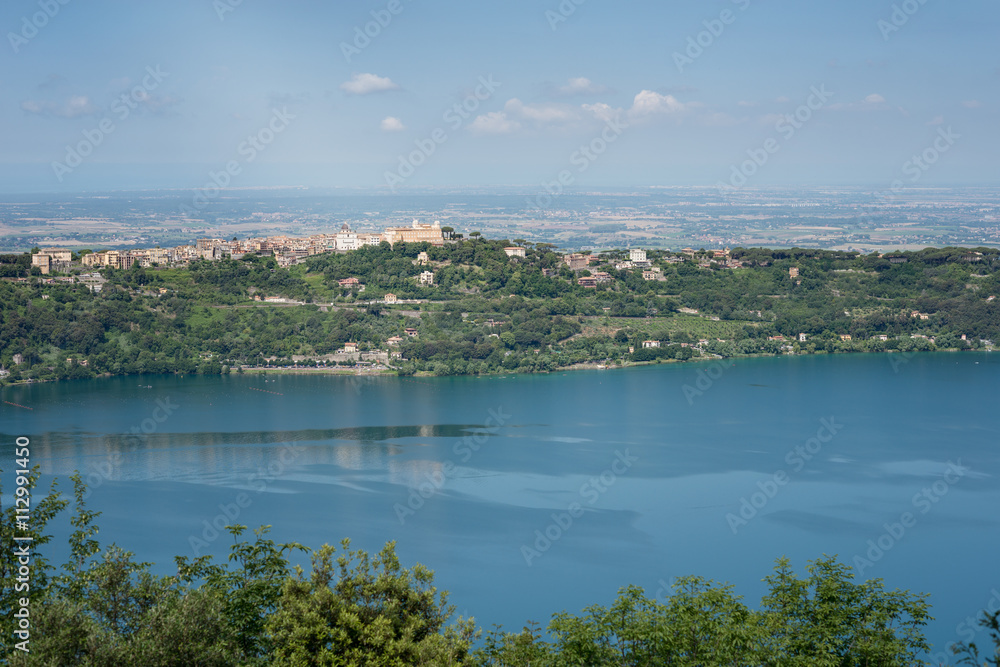 Panoramic view of Castel Gandolfo town and the Albano Lake, Italy