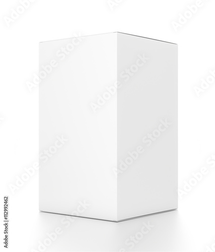 White tall vertical rectangle blank box from side angle. © Mockup Cake