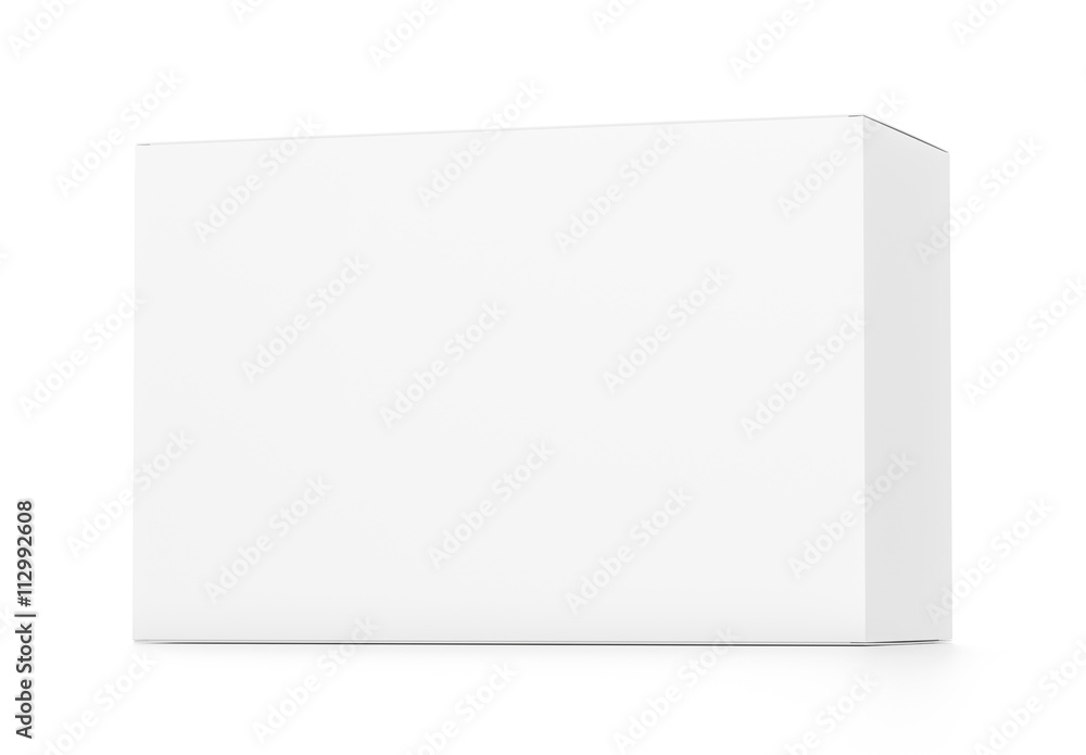 White wide horizontal rectangle box from front far side angle. White wide horizontal rectangle box from front far side angle.