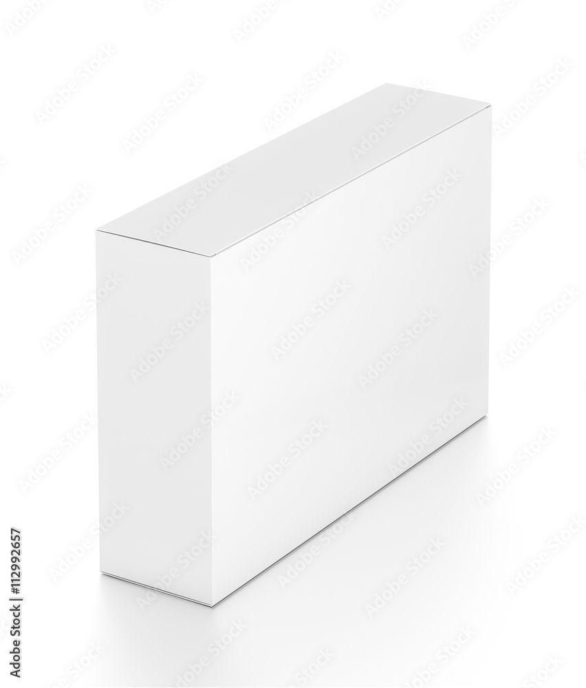 White wide horizontal rectangle box from top far side angle. White wide horizontal rectangle box from top far side angle.