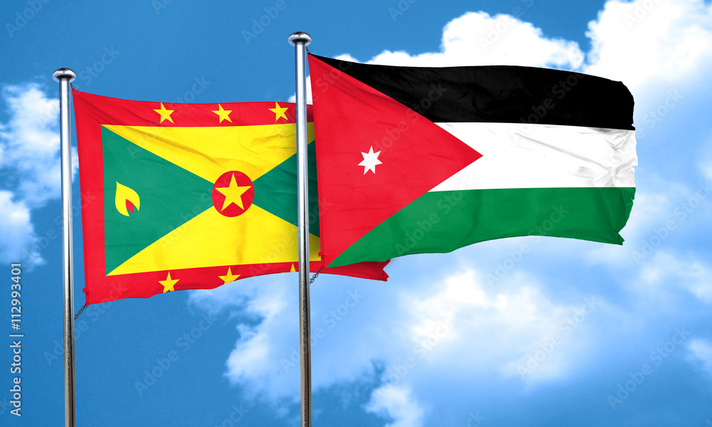 Grenada flag with Jordan flag, 3D rendering Grenada flag with Jordan flag, 3D rendering