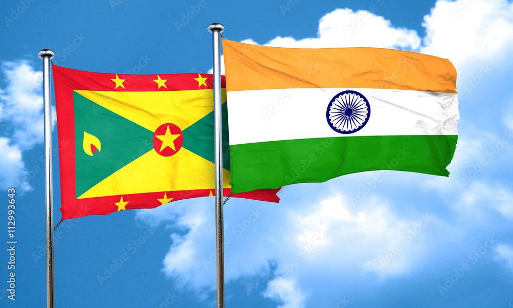 Grenada flag with India flag, 3D rendering Grenada flag with India flag, 3D rendering