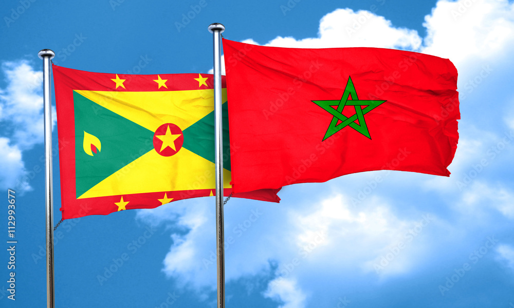 Grenada flag with Morocco flag, 3D rendering Grenada flag with Morocco flag, 3D rendering