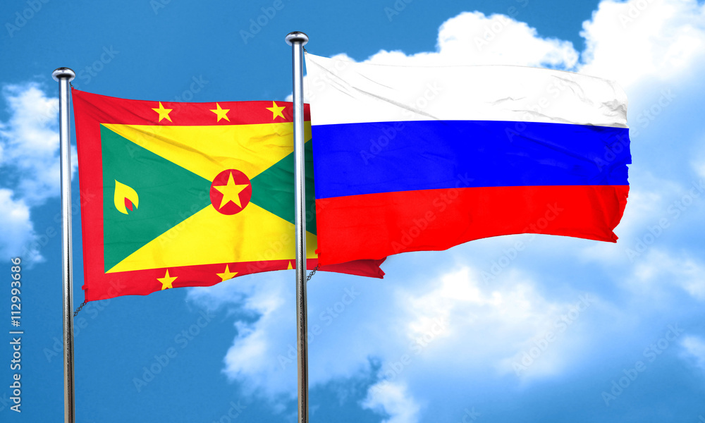 Grenada flag with Russia flag, 3D rendering Grenada flag with Russia flag, 3D rendering