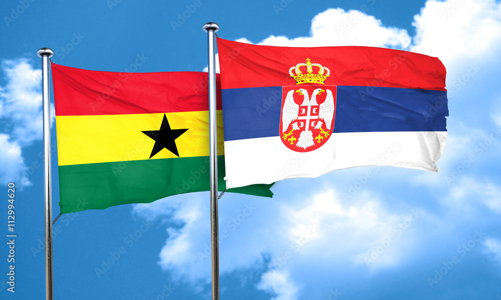 Ghana flag with Serbia flag, 3D rendering Ghana flag with Serbia flag, 3D rendering