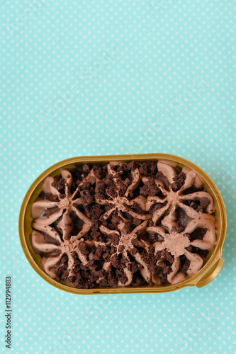 Top view of chocolate icecream table background, flat lay closeup 