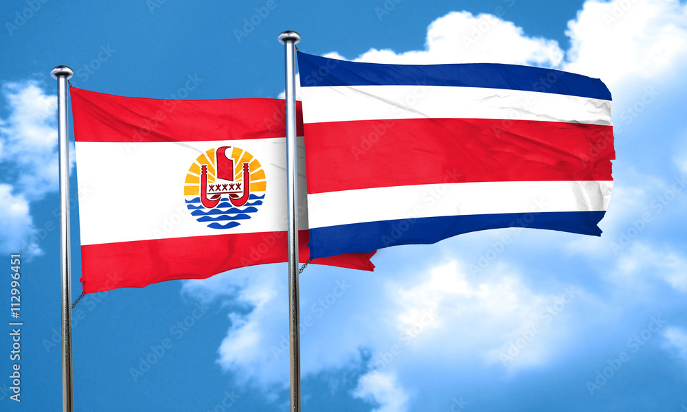 french polynesia flag with Costa Rica flag, 3D rendering french polynesia flag with Costa Rica flag, 3D rendering