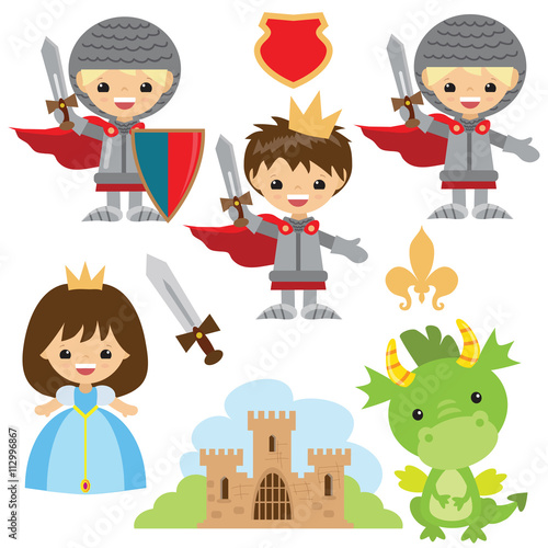 Knight, princess and dragon vector illustration