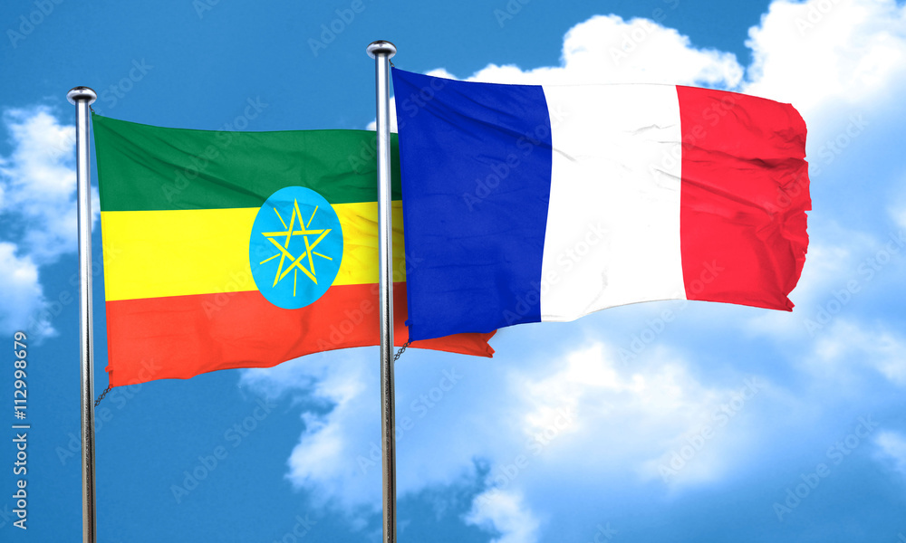 Ethiopia flag with France flag, 3D rendering Ethiopia flag with France flag, 3D rendering