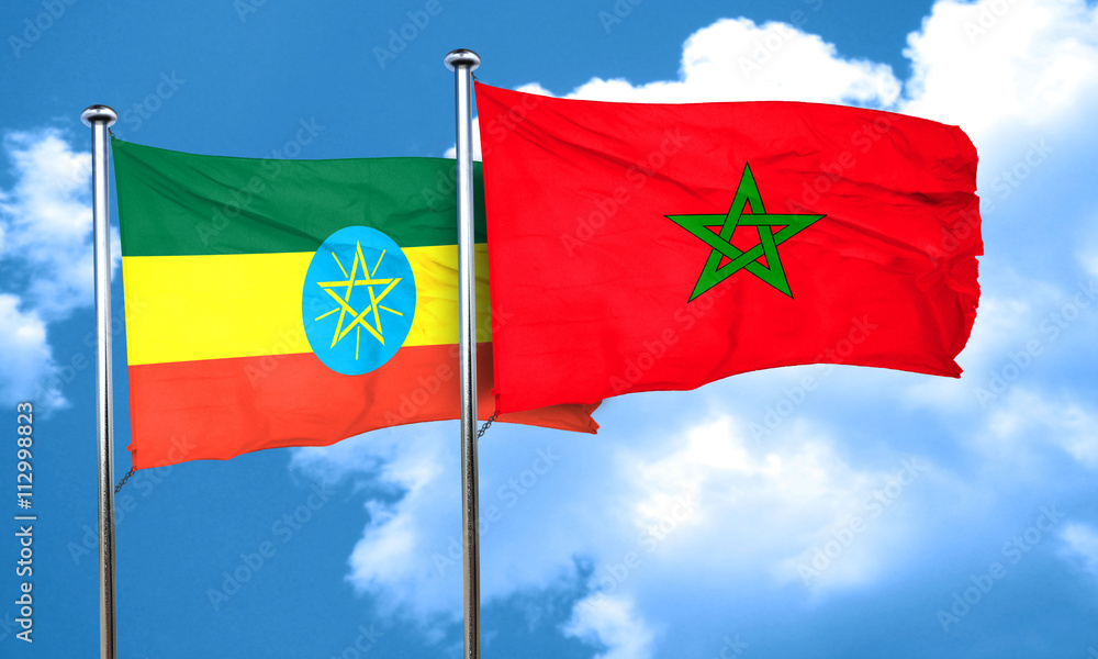 Ethiopia flag with Morocco flag, 3D rendering Ethiopia flag with Morocco flag, 3D rendering