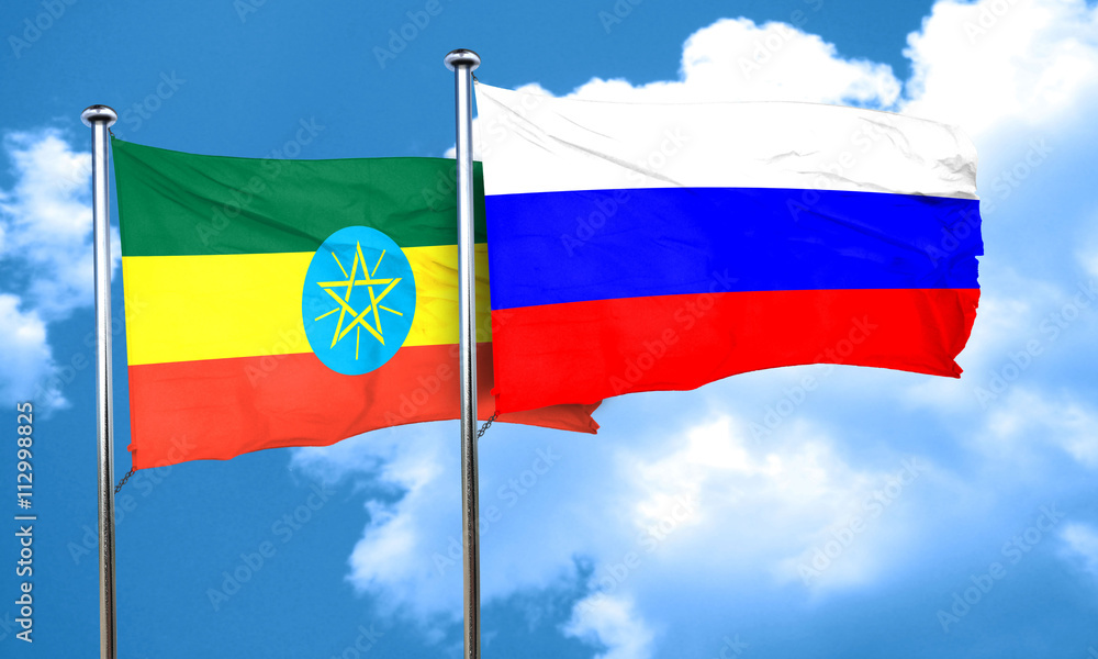 Ethiopia flag with Russia flag, 3D rendering