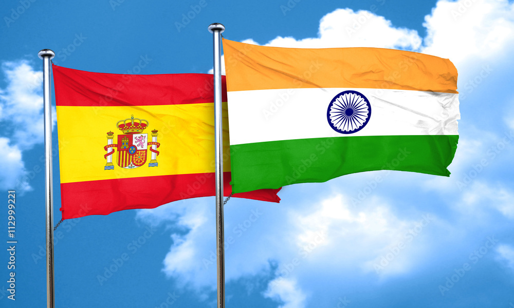Spanish flag with India flag, 3D rendering Spanish flag with India flag, 3D rendering
